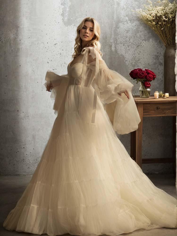 Elegant off-shoulder trumpet long sleeves beige wedding dress