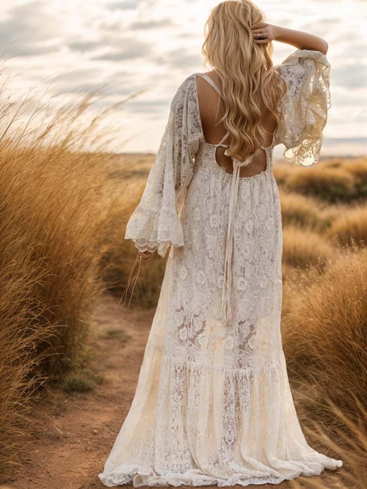 Long Sleeve Lace Maternity Dress Backless Bohemian Baby Christening Dress, Photoshoot Maternity Dress