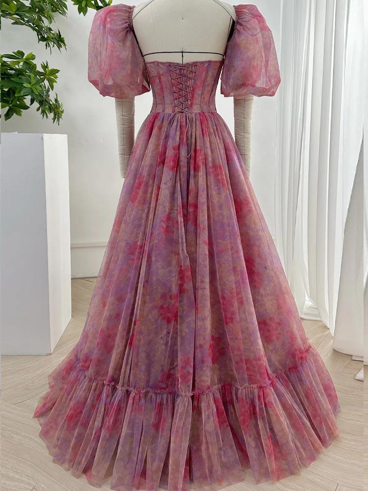 Puff Sleeve Dress Floral Print Elegant Ball Gown