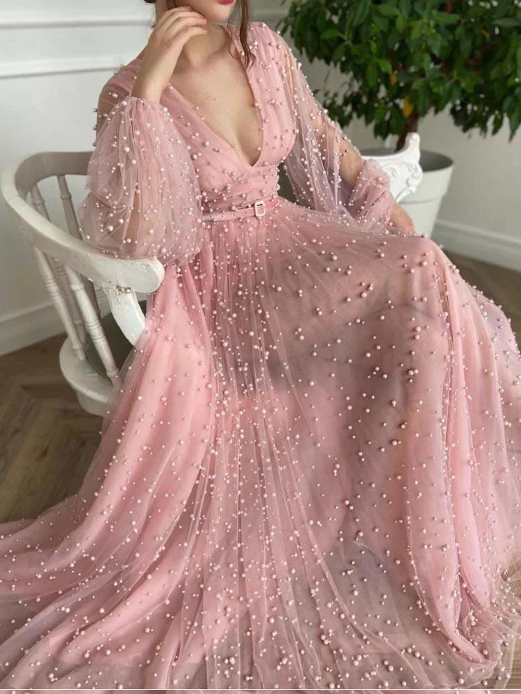 Pearl Dress Pink Long Sleeve Tea Party Gown Women's Dress