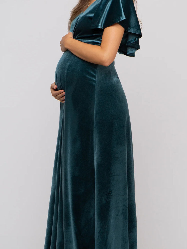 Maternity Velvet Dress V-neck Backless Evening Dress