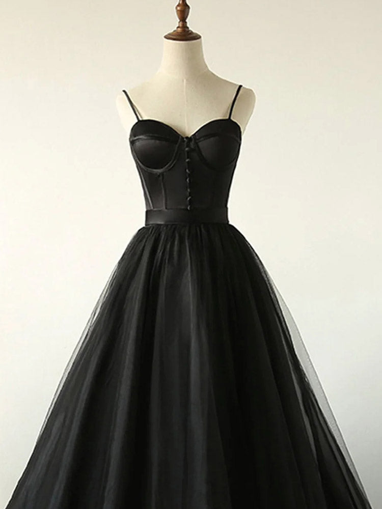 Tulle Black Dress Button-Embellished Long Train Ball Gown