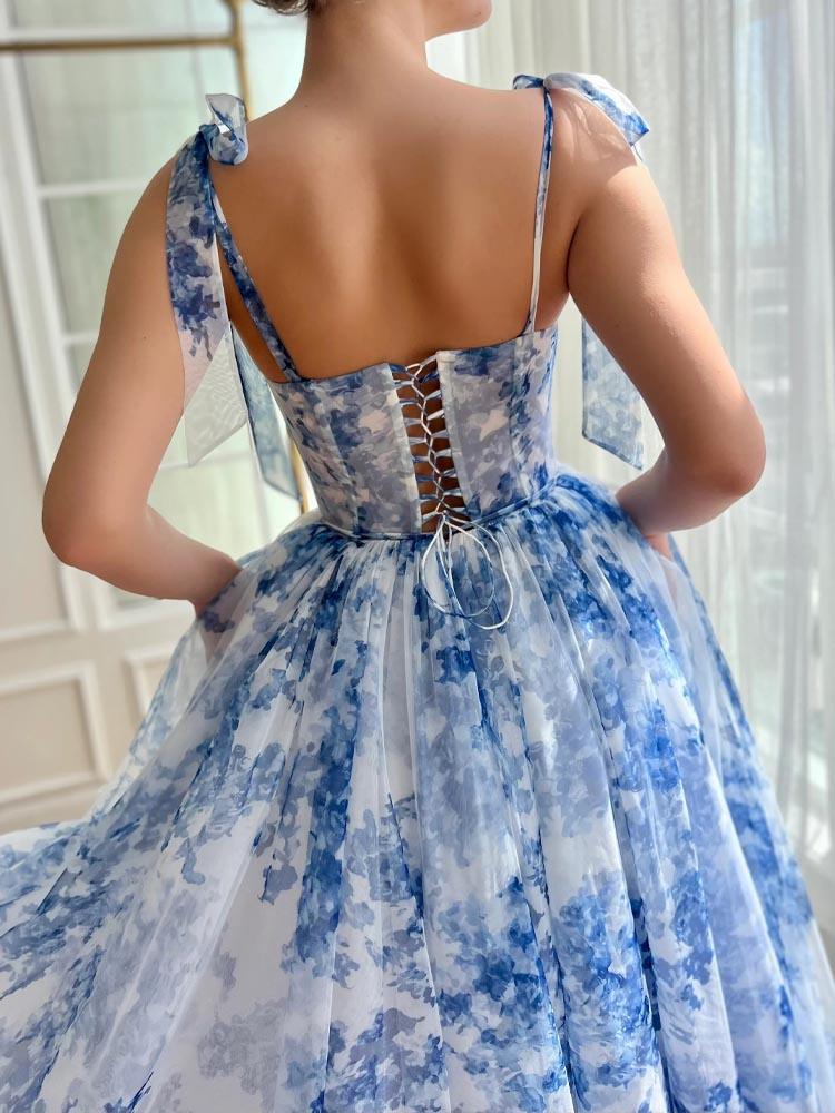 Garden Party Tea Length Dresses Blue Printed Ball Dress