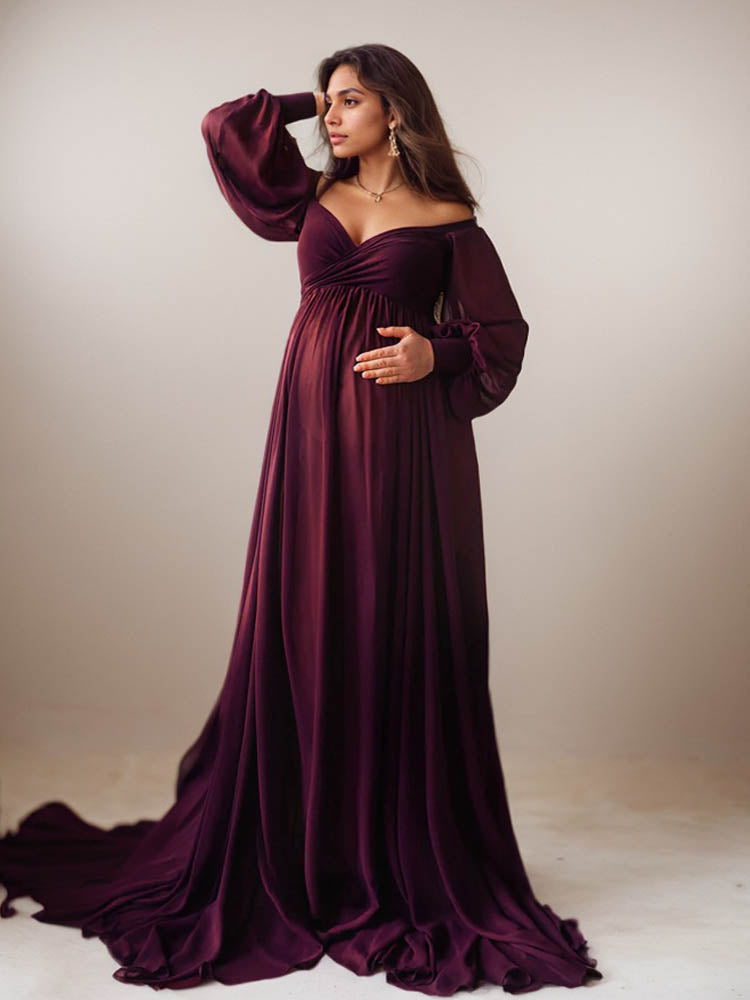 Purple Maternity Dress Long Sleeve Baby Shower Maternity Dress