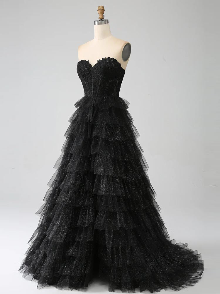 Black Lace Maxi Dress Multi-Layered Ruffled Fluffy Glittery Ball Dress