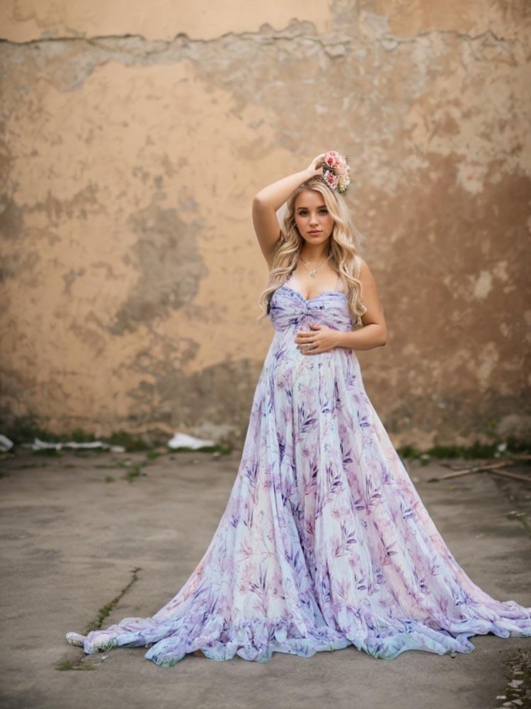 Lavender maternity dress Printed floral photo shoot dress long tail maxi dress