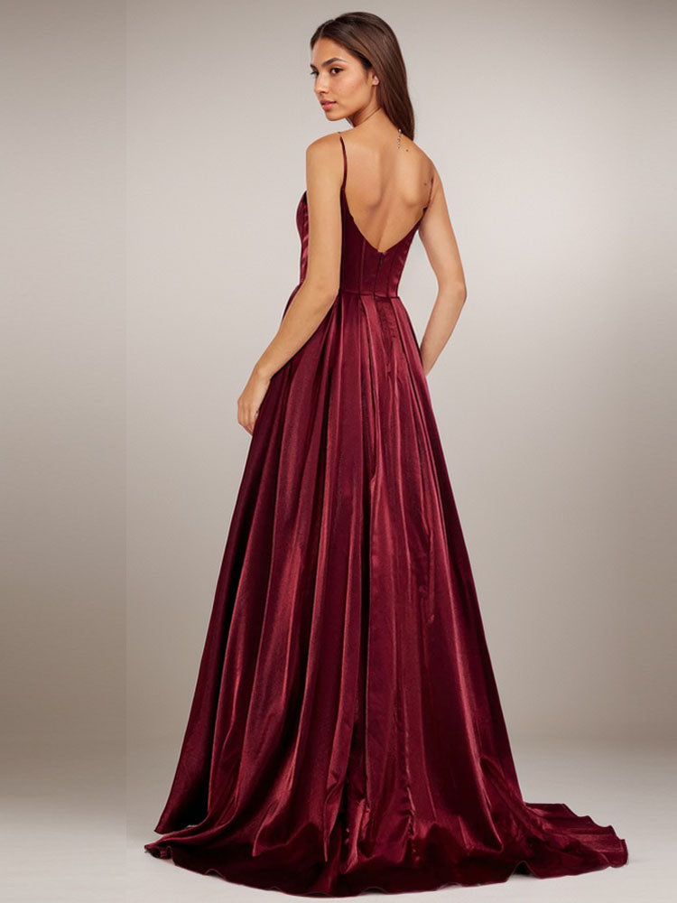 Satin Midi Dress Spaghetti Strap Burgundy Formal Prom Dress