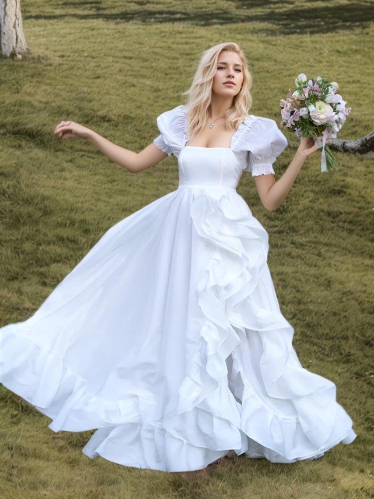 Organza Dress Floor-Length White Short-Sleeved Ball Gown, Photo Shoot Dress