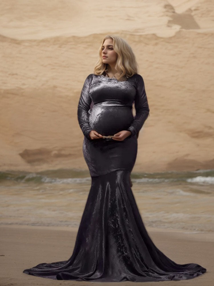 Velvet Green Maternity Dress Two-Piece Cropped Top And Long Skirt Photoshoot Dress