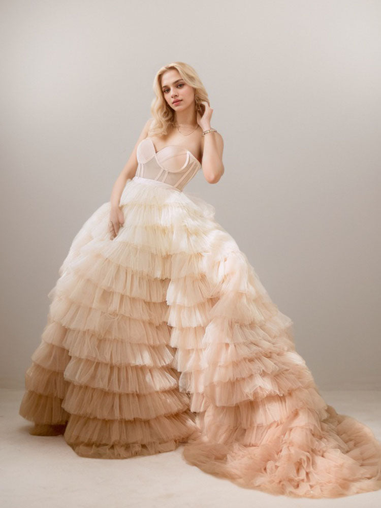 Plus Size Tulle Dress Gradient Layered Ruffles Champagne Color Long Dress