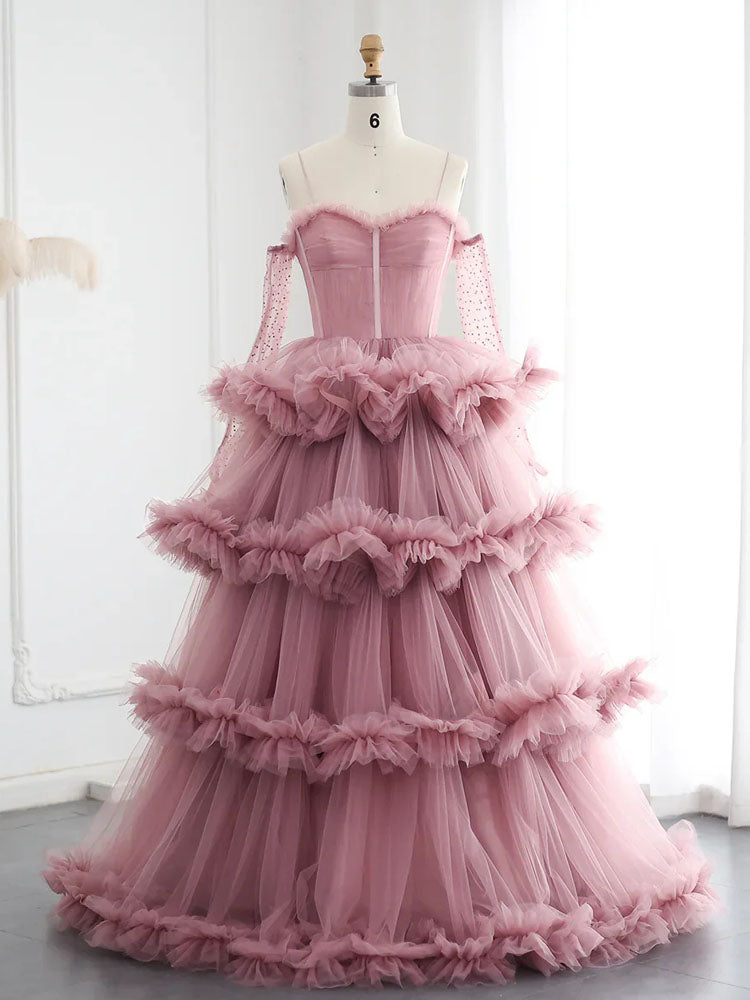 Blush Pink Color Dress Tiered Pleated Spaghetti Strap Tulle Gown