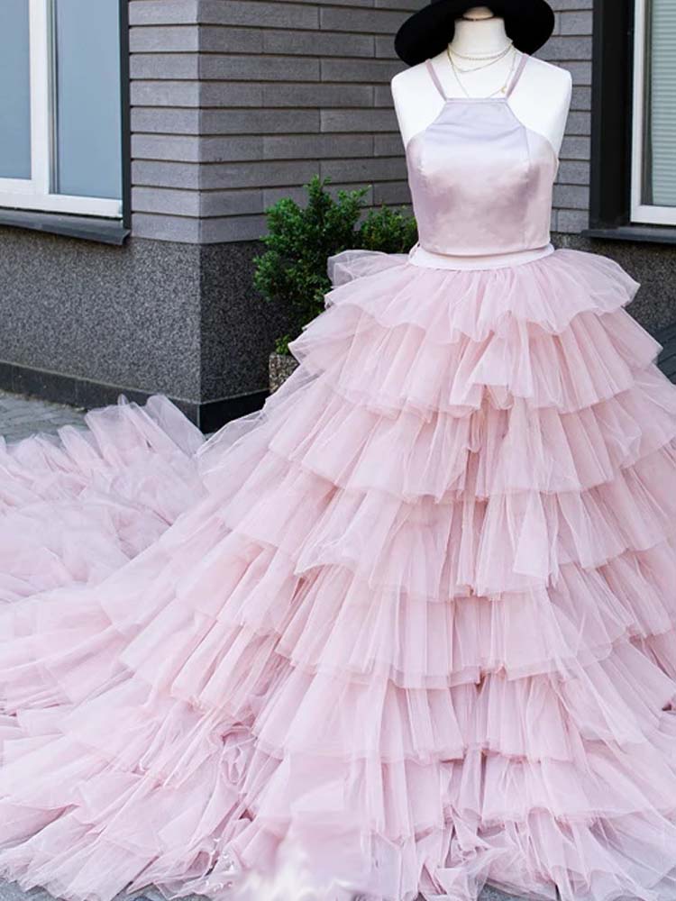 Blush Wedding Dress Ruffled Tulle Photography Dress Ultra Long Trailing Dress