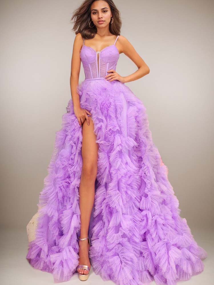 Formal Ball Gowns V-Neck Purple Tulle Dress