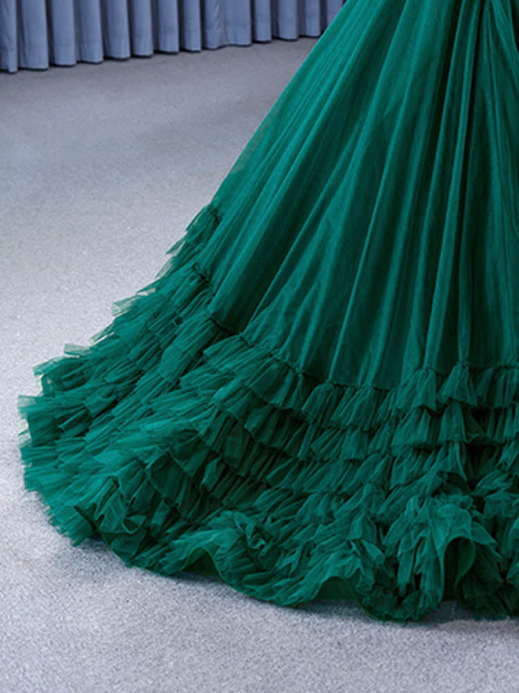 Emerald Green Quinceanera Dresses Off-The-Shoulder Tiered Ruffle Ball Gown