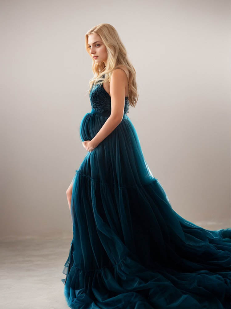 Ruffled maternity dress elegant plus size evening dress suitable for photo shoot