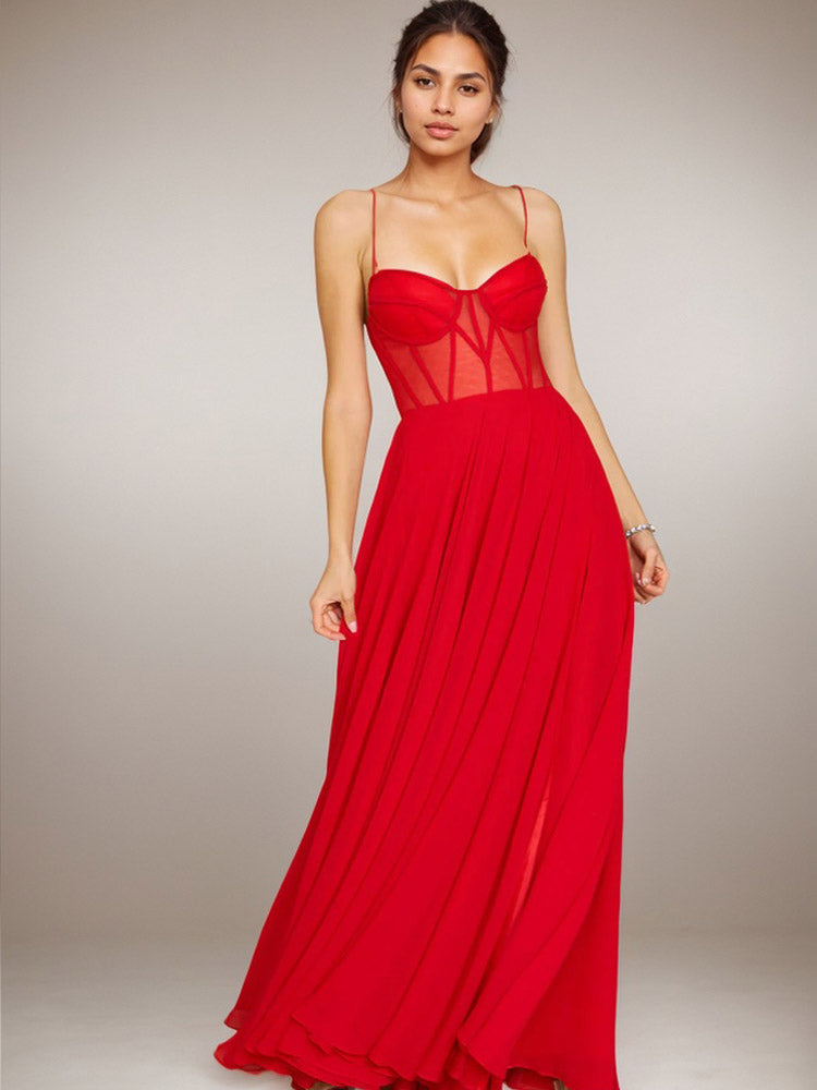 Red Ball Gown Spaghetti Strap Bustier Tulle Dress