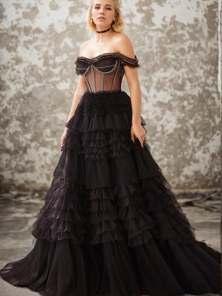 Black Quinceanera Dresses Tulle Ruffled Ball Gown Photography Dress Suit