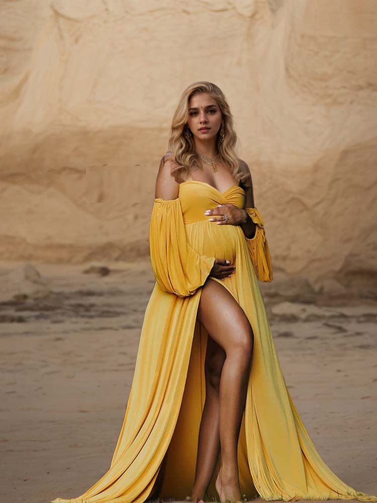 Knitted Maternity Yellow Long-Sleeved Evening Dress Suitable For Photo Shoot