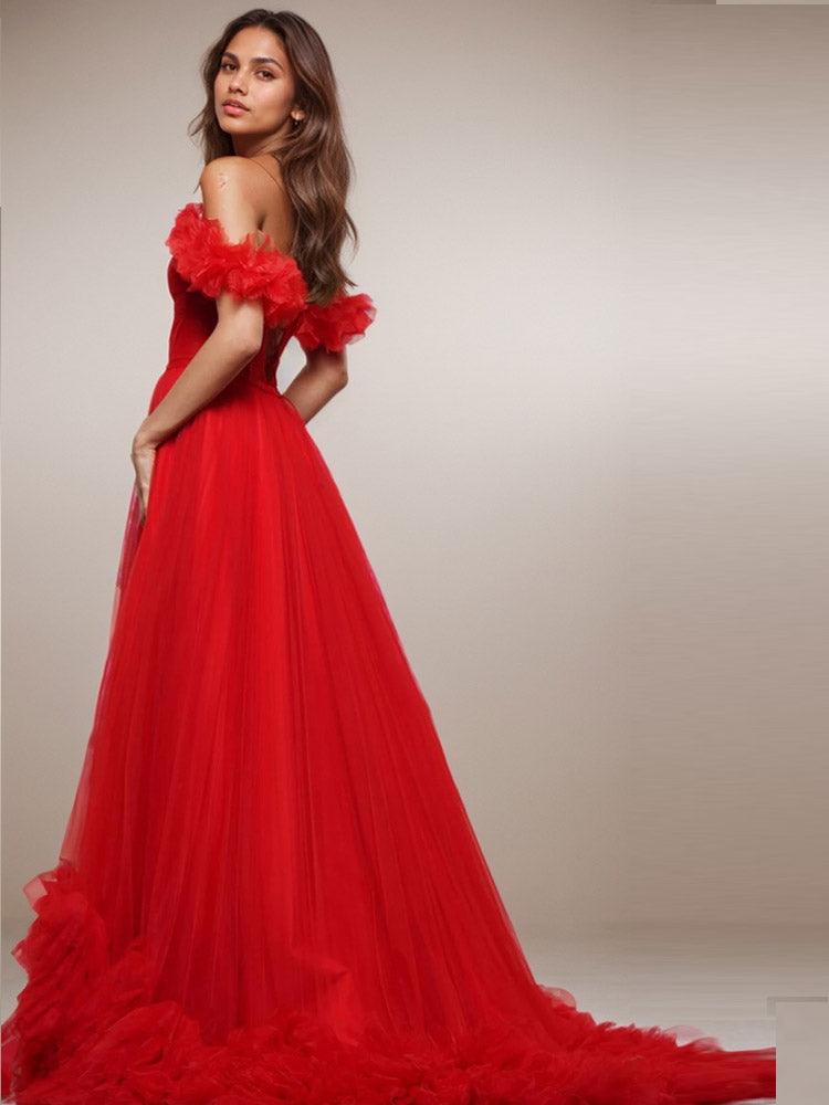 Tulle Dresses For Prom Red Ball Gown Sweetheart Lace Up Formal Party Dress