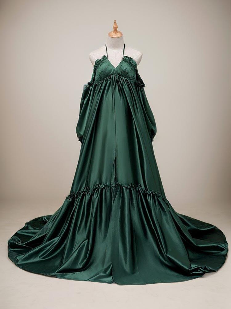 green satin maternity dress Long sleeve off-shoulder gown for photography