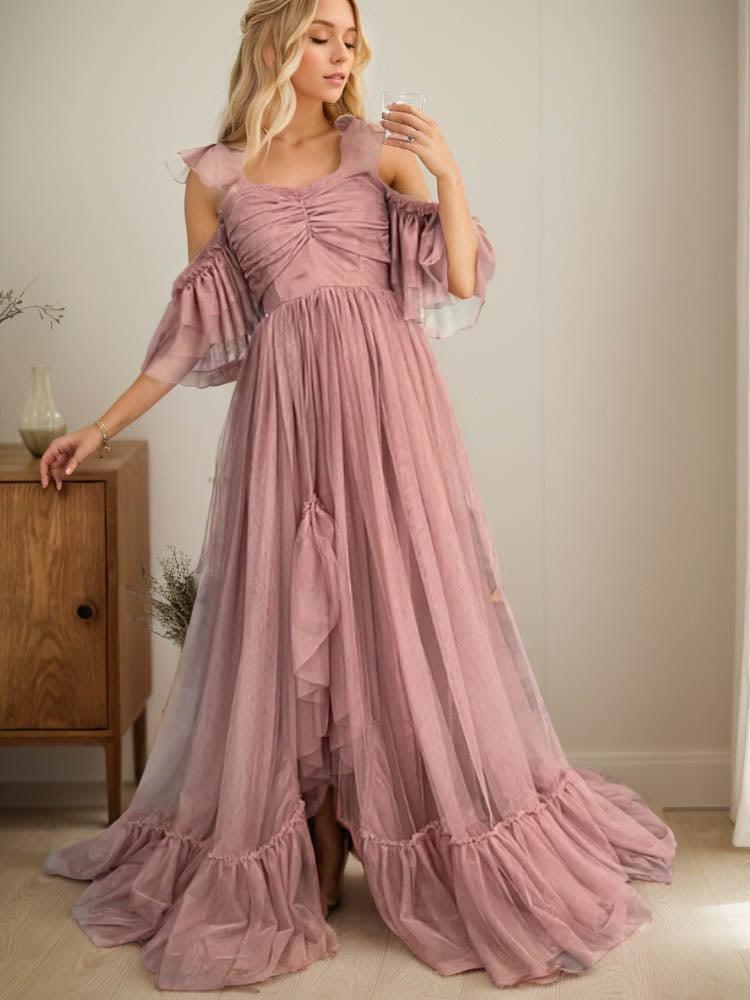 Elegant Strap Wedding Guest Dress Ruffle Flowing Dress