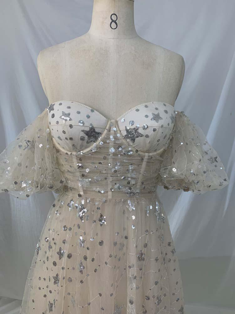 Sequined dress star embroidery sparkling wedding dress