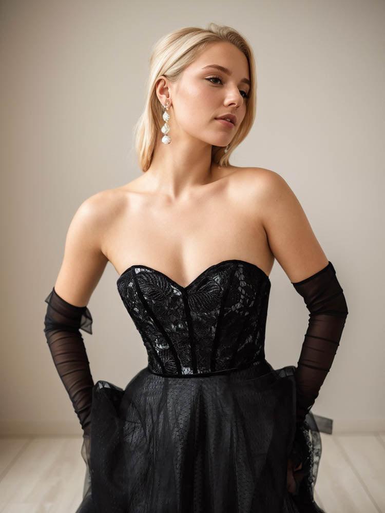 Elegant Black Dresses For Wedding Guests Sexy Polka Dot Net Lace Style Corset Dress