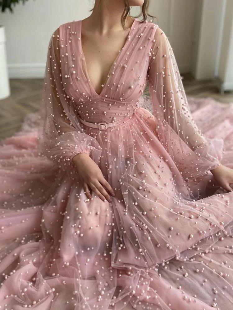 Pearl Dress Pink Long Sleeve Tea Party Gown Women's Dress