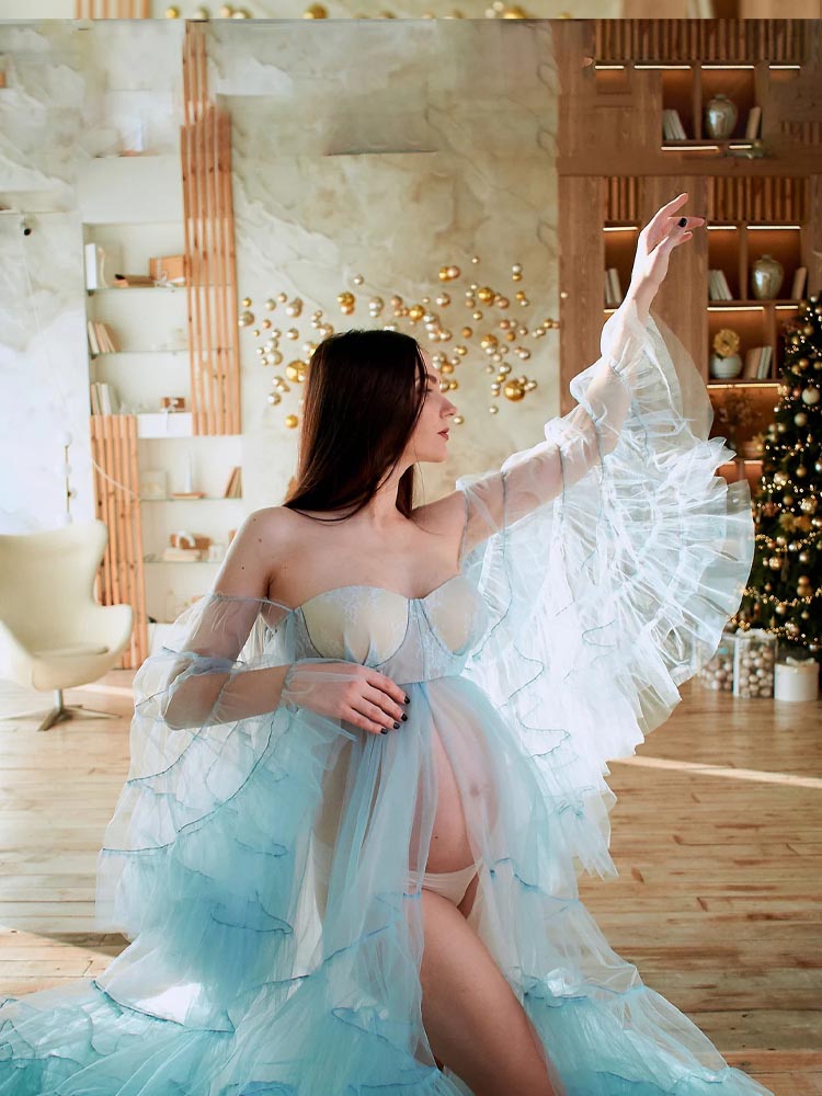 Blue Tulle Maternity Dress Sweetheart Neck Maternity Photo Dress, Transparent Maternity Robe