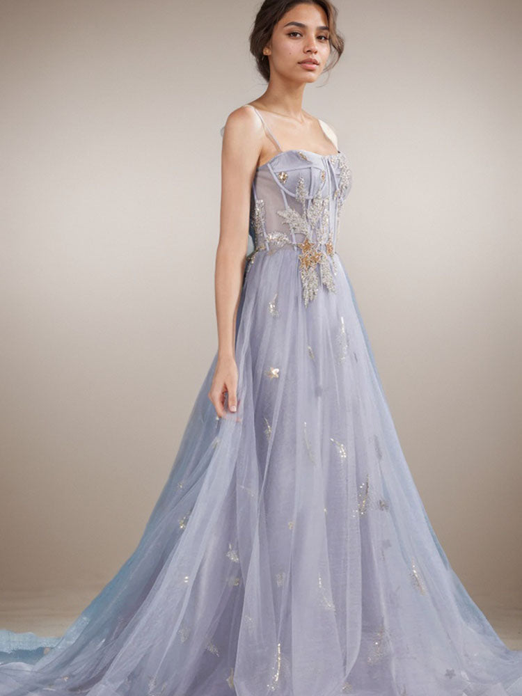 Embroidered Cocktail Dress Princess Trail Sequined Tulle Ball Gown