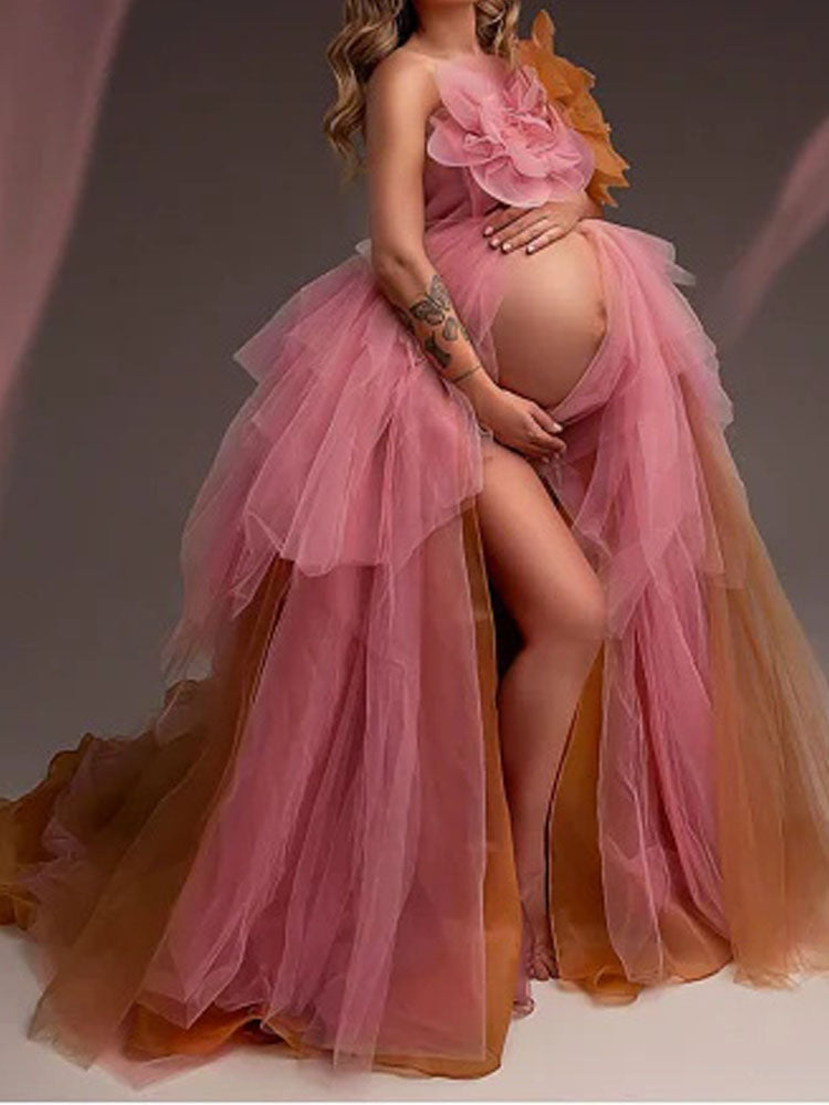 Pink Floral Maternity Dress Tulle Baby Shower Maternity Dress Irregular Photography Dress