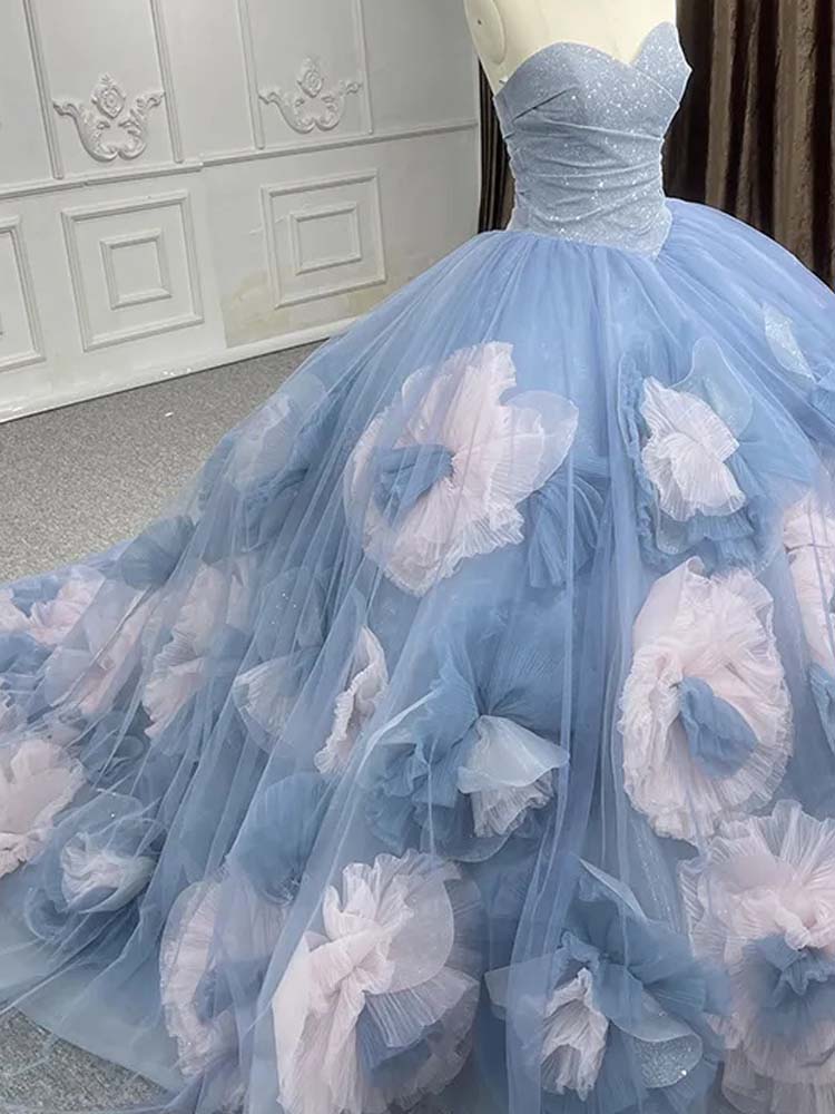 3D Flower Prom Dress Shiny Blue Tulle Dress Perfect For Photoshoots