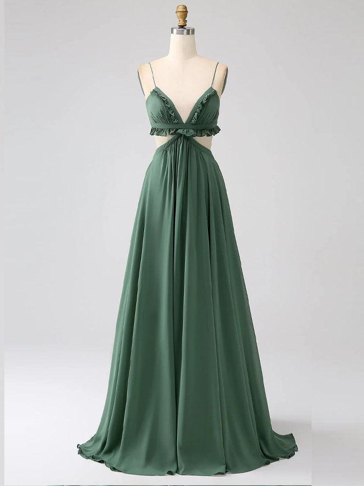 chiffon ruffle dress Spaghetti Strap Long Dress Simple Style Ball Gown