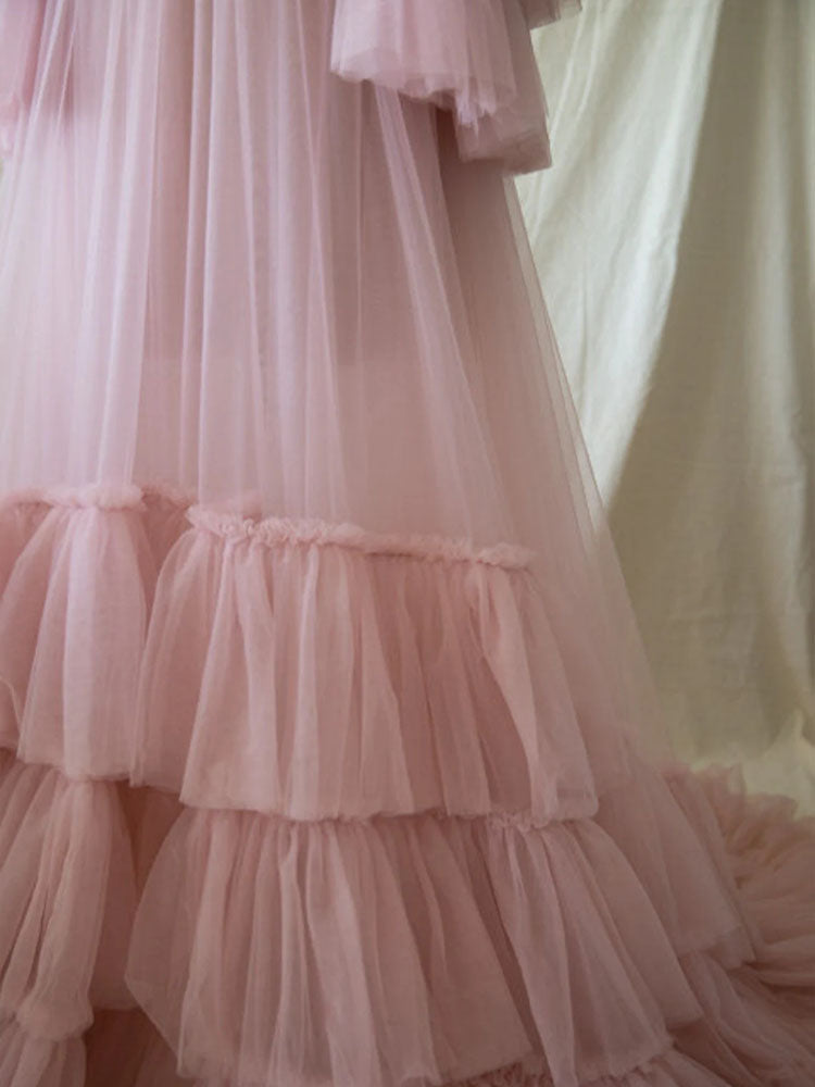 Pink Tulle Maternity Dress Elegant Ruffled See-Through Maternity Dress, Perfect For Photoshoots