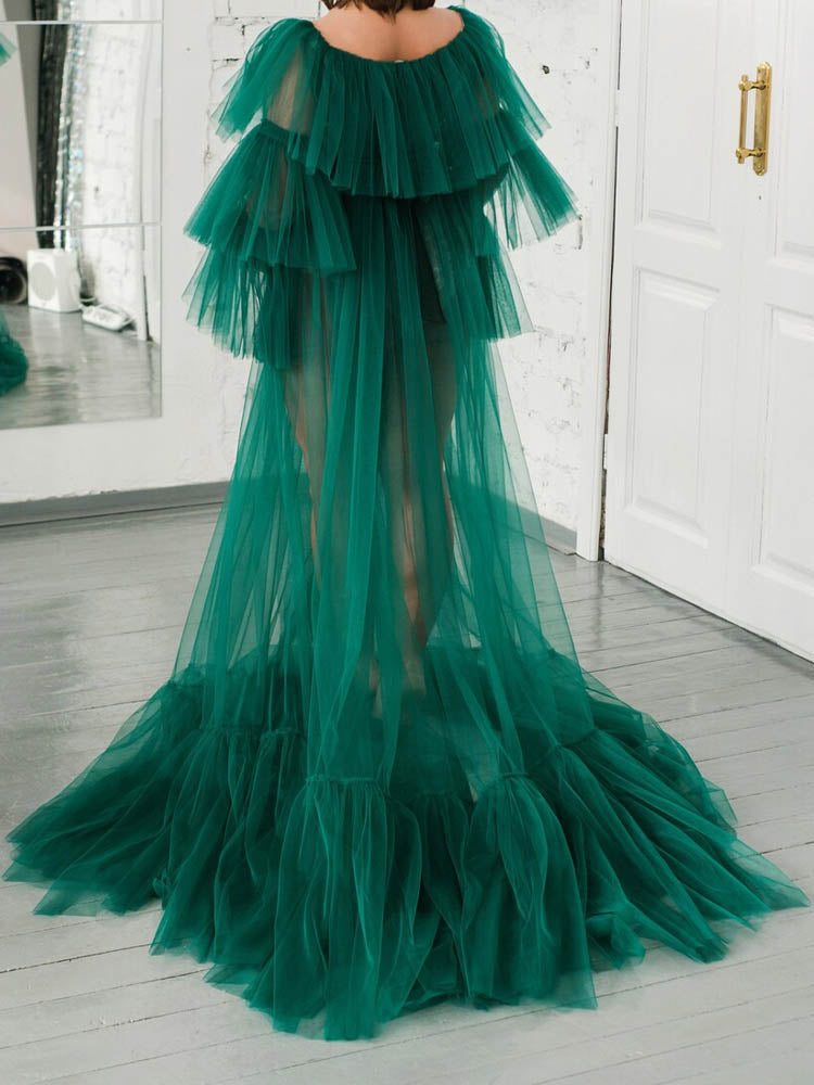 Maternity Wrap Dress Green Tulle See-Through Maternity Dress