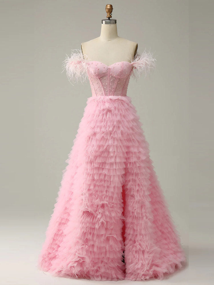 Layered Tulle Dress Feather Decoration Ball Gift Photoshoot Dress