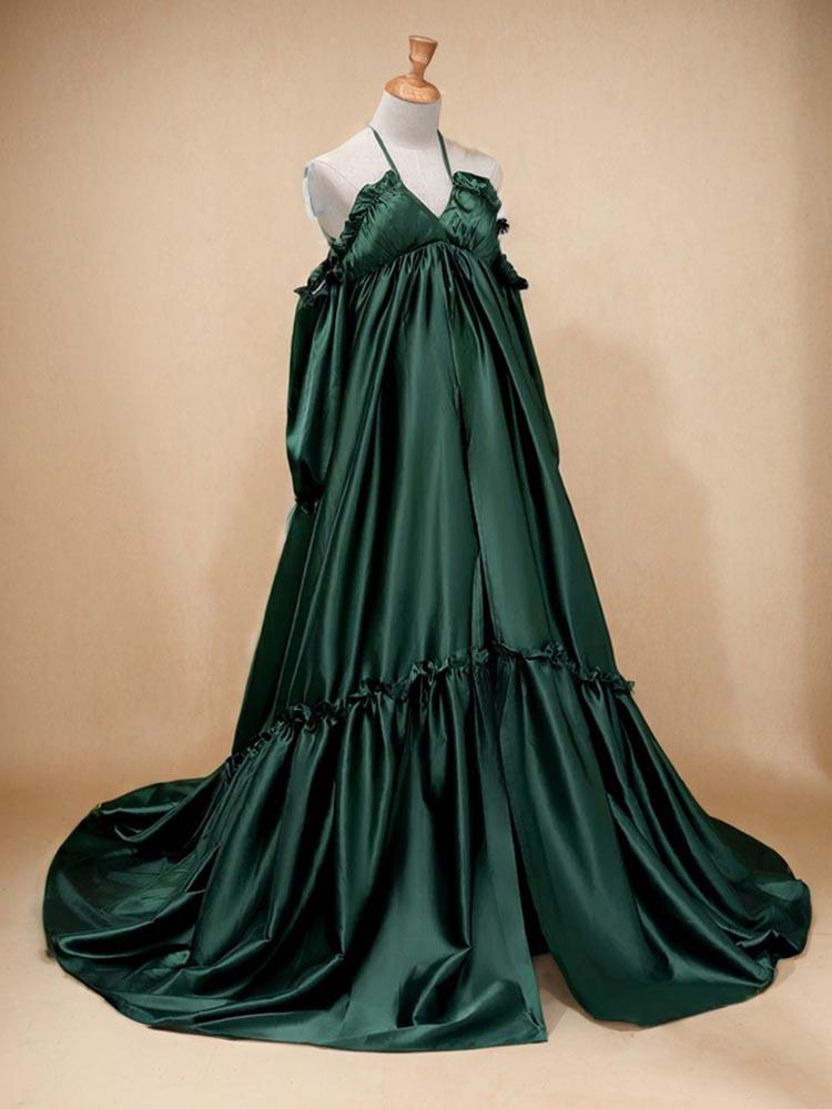 green satin maternity dress Long sleeve off-shoulder gown for photography