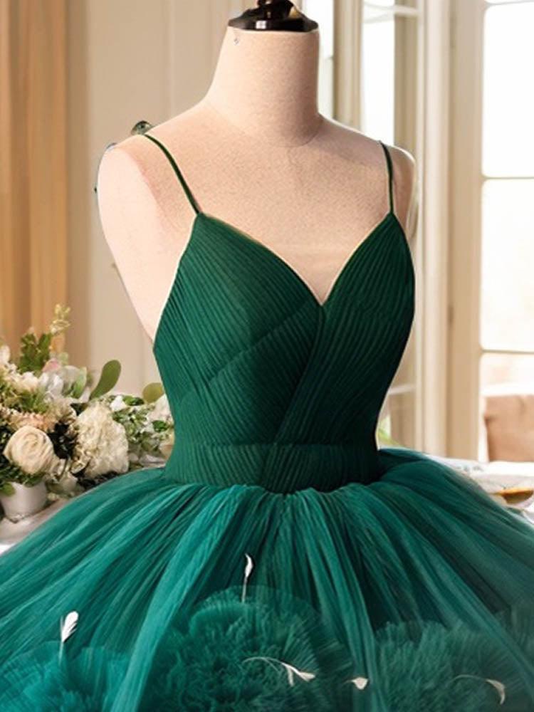 Emerald Green Quinceanera Dress Feather-Decorated 3D Flower Fluffy Maxi Suspender Skirt