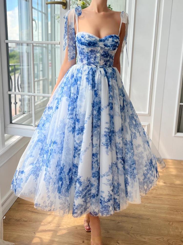 Garden Party Tea Length Dresses Blue Printed Ball Dress