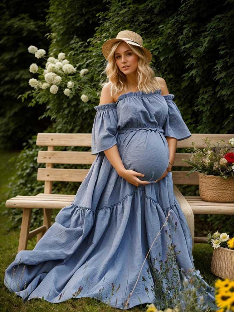 Two Piece Maternity Outfit For Photoshoot Elastic Neck Photography Dress Maternity Baby Shower Dress