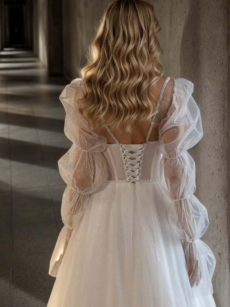 diamond wedding dress Sexy puff sleeves white sparkly dress