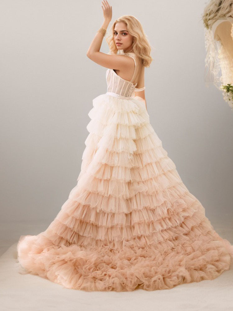 Plus Size Tulle Dress Gradient Layered Ruffles Champagne Color Long Dress