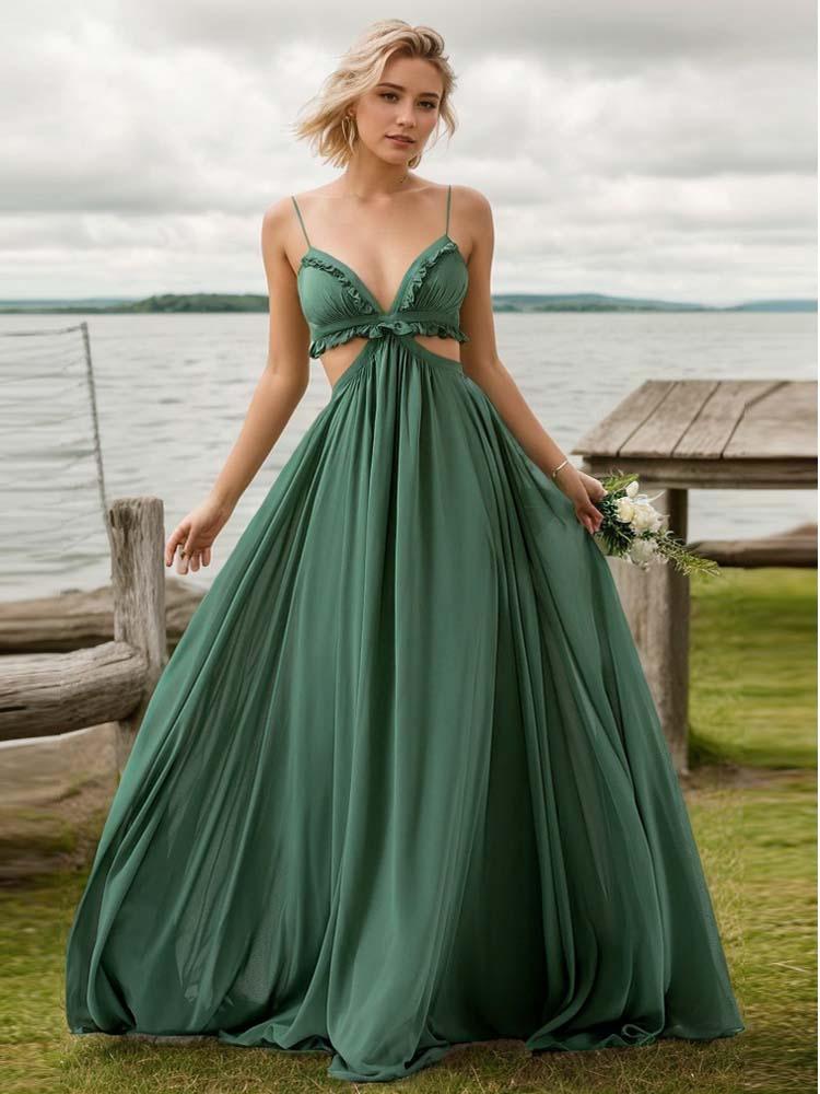 Dark Green Wedding Guest Dress Sexy hollow strap chiffon dress