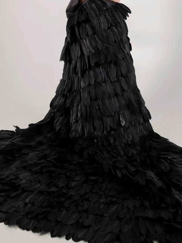 Black Feather Dress Cloak Cape Vintage Luxury Wedding Evening Dress