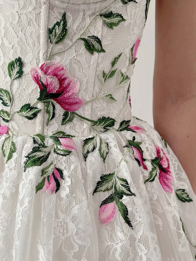 Long Sleeve White Lace Dress Sexy Rose Embroidery Photography Dress