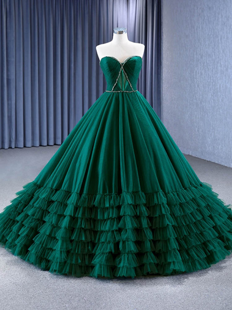 Emerald Green Quinceanera Dresses Off-The-Shoulder Tiered Ruffle Ball Gown