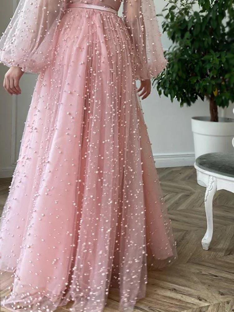 Pearl Dress Pink Long Sleeve Tea Party Gown Women's Dress