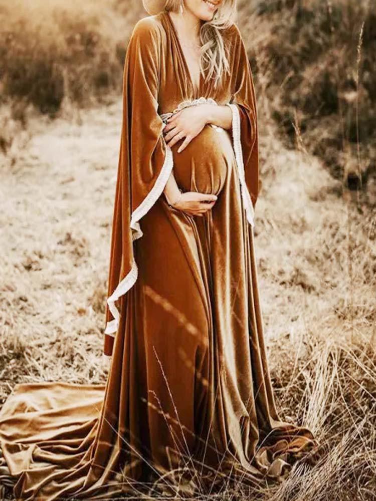 Brown Maternity Dress V-neck V-neck Velvet Evening Gown With Lace Trim And Side Slits For Pregnant Women To Take Photos