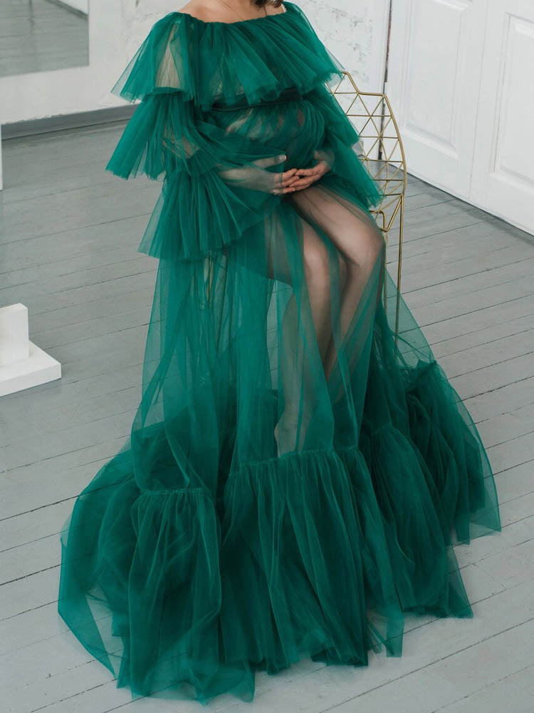 Maternity Wrap Dress Green Tulle See-Through Maternity Dress