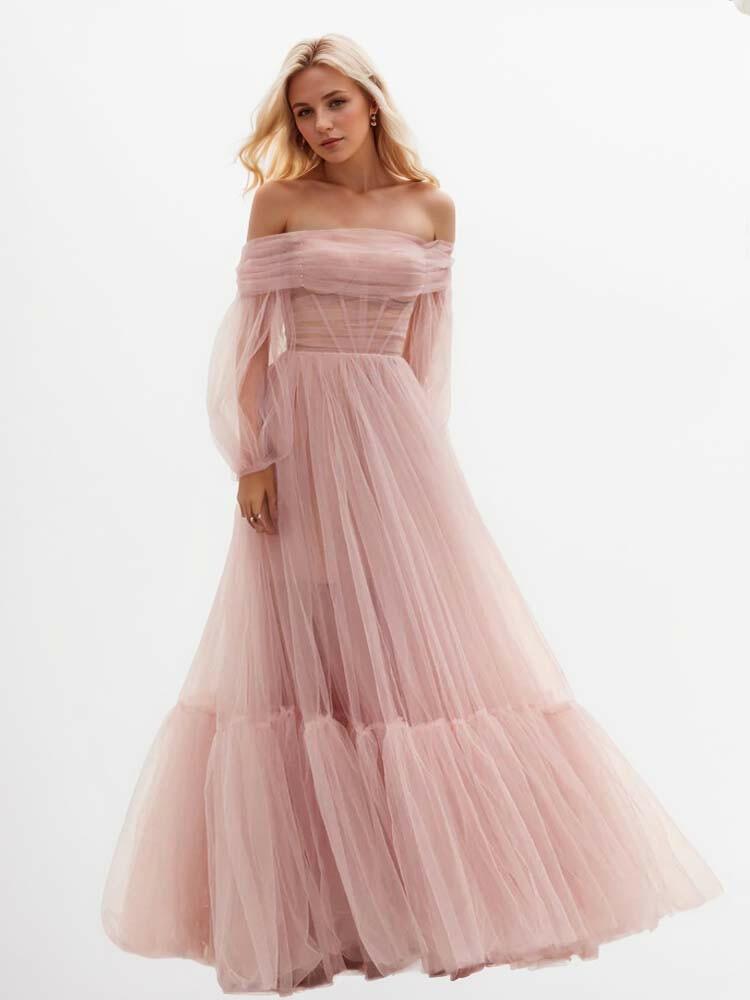 Light Pink A-Line Long Sleeve Bustier Ball Gown Tulle Dress - A LITTLE